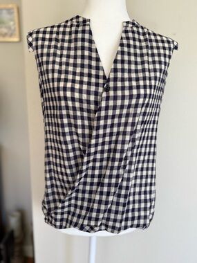 Sleeveless Navy and White Gingham Wrap Blouse